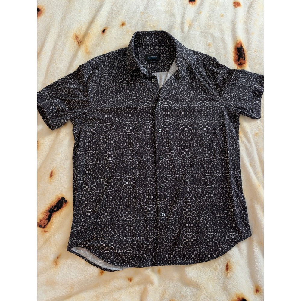Bugatchi OoohCotton Tech Mens Large Black White 8-Way Stretch SS Shirt AF9041F40